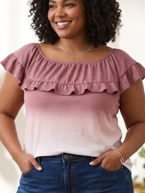 LuLaRoe Dusty Rose to white Ombre Ruffle Off‑Shoulder Top Size XL
